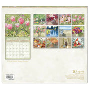 A square wall calendar page from Legacy, showing a floral monthly layout with a large pink tulip garden scene and a calendar grid for April, plus twelve smaller painted floral and landscape thumbnails across the top. The page has a warm cream background with printed artwork and small product text/logo.
