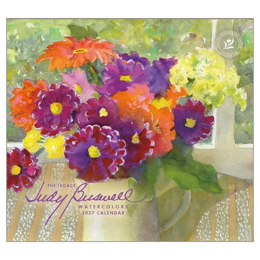 Calendar cover with colorful flowers and Judy Buswell's signature, featuring a watercolor style.