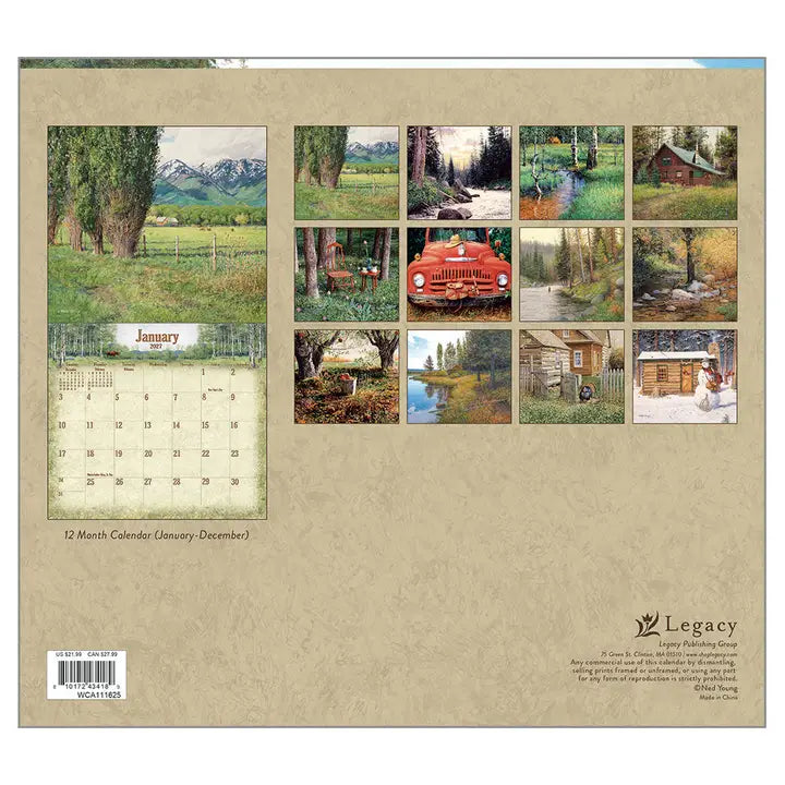 Calendar with nature-themed images on a beige background, featuring the brand 'Legacy'.