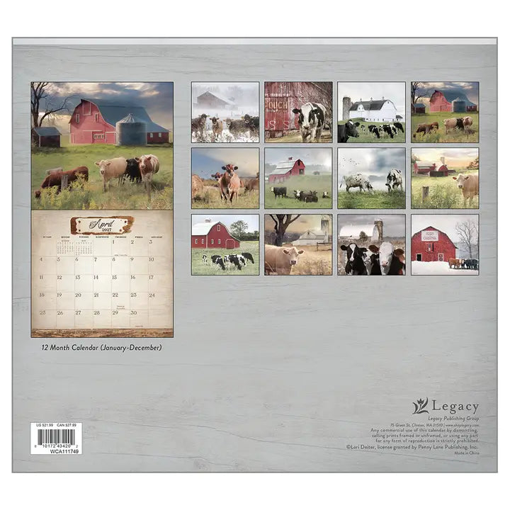 Calendar with farm scenes and cows on a gray background, featuring the brand 'Legacy'.