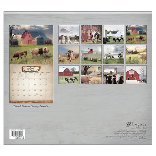 Calendar with farm scenes and cows on a gray background, featuring the brand 'Legacy'.