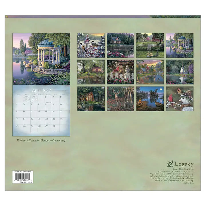 Calendar with scenic illustrations of landscapes and structures on a green background, featuring the brand 'Legacy'.