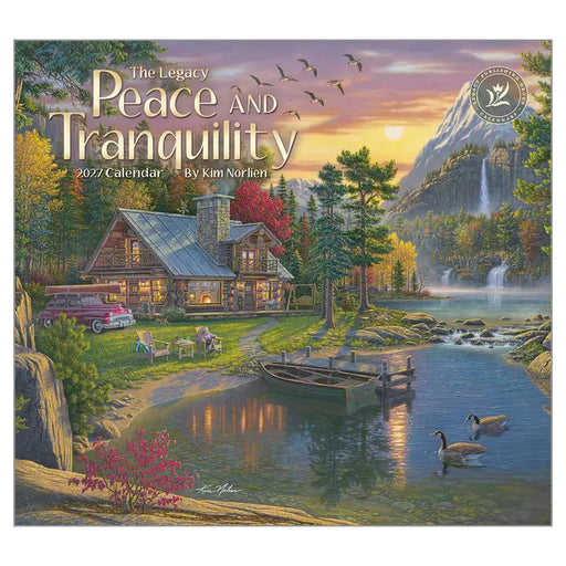 Calendar cover featuring a scenic cabin by a lake with mountains in the background