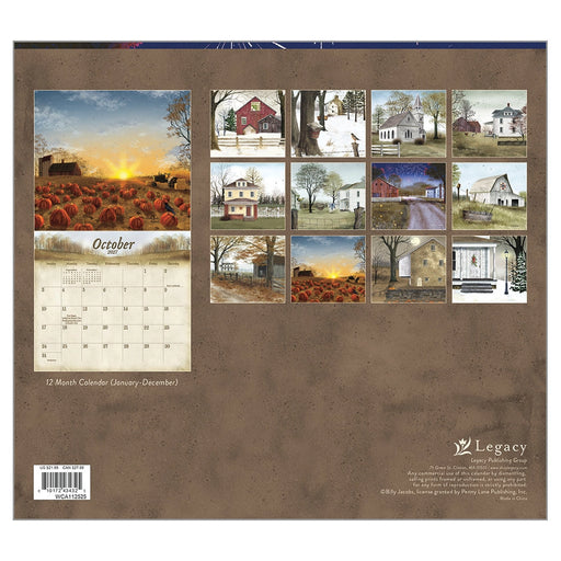 Calendar with scenic illustrations of houses and landscapes on a brown background, featuring the brand 'Legacy'.