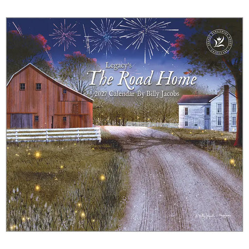 Calendar cover with a rural scene, barn, house, and fireworks, featuring 'The Road Home' by Billy Jacobs.