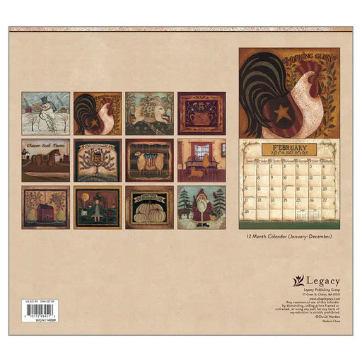 Calendar with rustic designs and a rooster illustration on a beige background