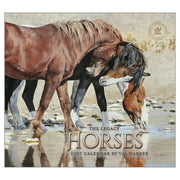 Calendar cover featuring three horses by a water source with 'The Legacy Horses 2027 Calendar by Val Warner' text.
