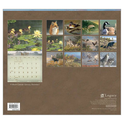 Calendar with nature-themed illustrations on a brown background
