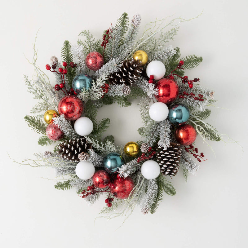 Shiny Ball Frosted Pine Wreath - 24"