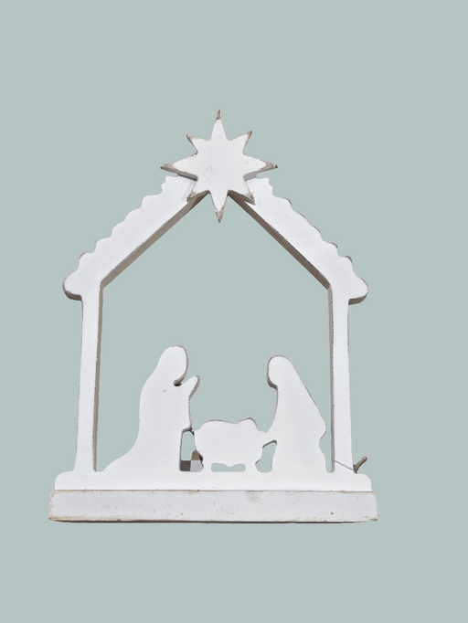White nativity scene with stable and star on a light blue background