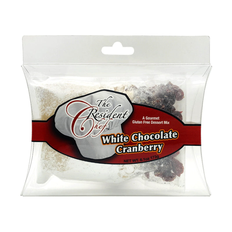 Packaging of 'The Resident Chef' White Chocolate Cranberry dessert mix on a white background