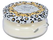 Jar candle with leopard print lid from Dylan's Candle Company on a white background
