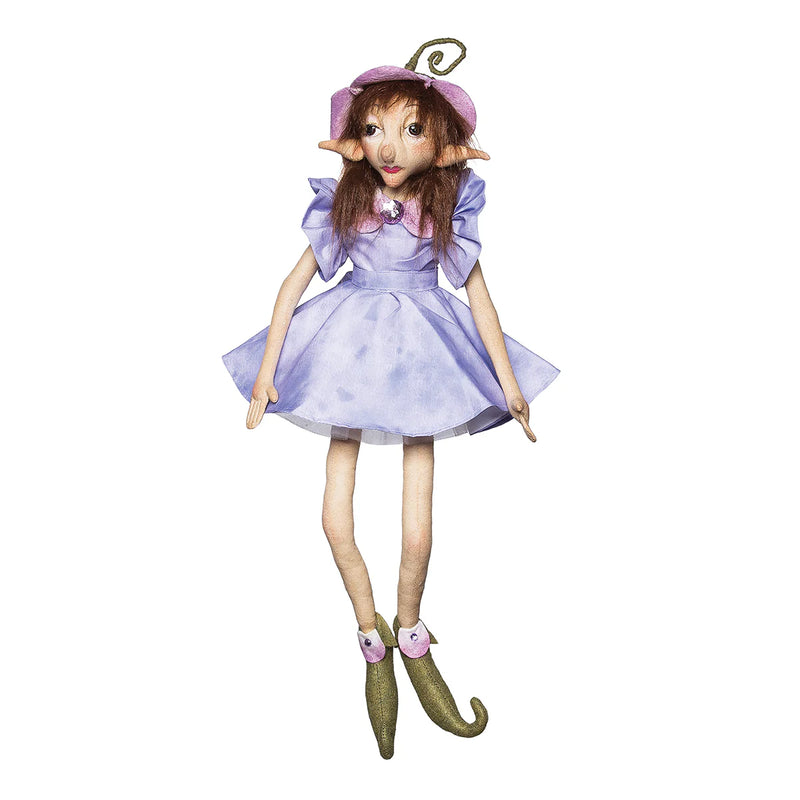 Elf doll with a purple dress on a white background