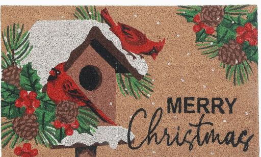 Christmas-themed doormat with cardinals, birdhouse, and 'Merry Christmas' text on a brown background.