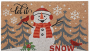 Christmas-themed doormat with a snowman, trees, and 'Let it Snow' text on a brown background.