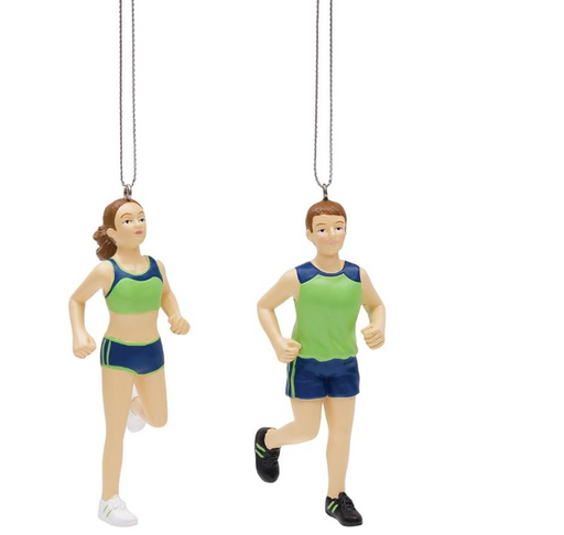 Two holiday ornaments featuring stylized cross-country track runners, one in a blue suit and the other in a green suit, against a white background.