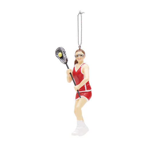 Decorative ornament of a lacrosse player holding a stick on a white background