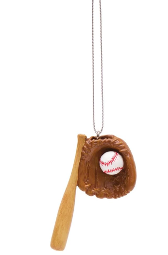 Baseball glove with ball and bat ornament on a white background