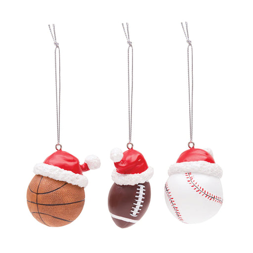 Three sports ball ornaments with Santa hats on a white background