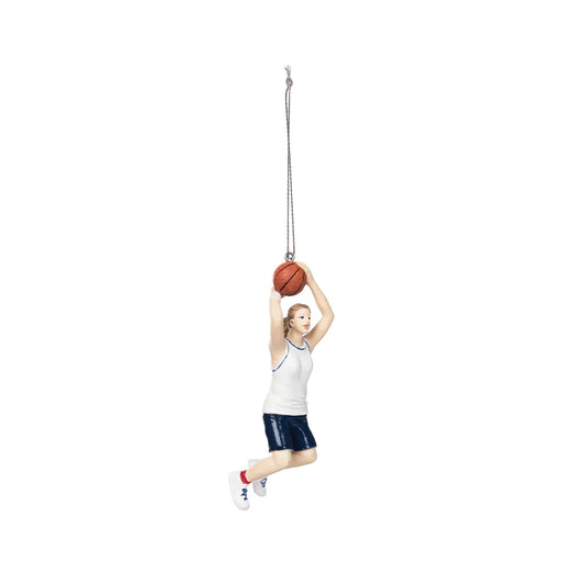 Person holding a basketball above their head with a white background