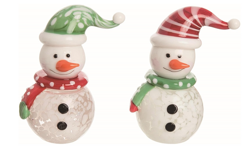 Two snowman figurines with festive hats and scarves on a white background