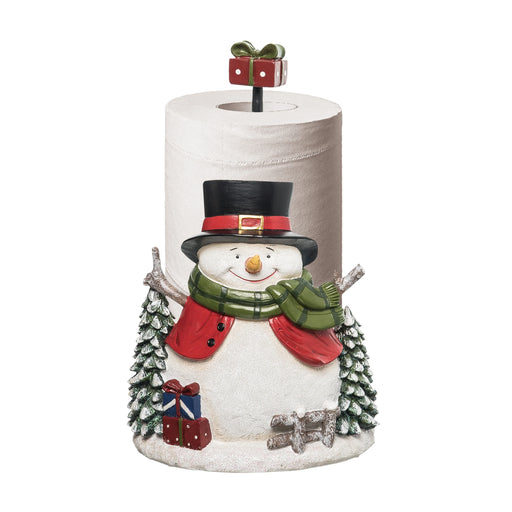 Decorative paper towel holder shaped like a snowman with a top hat and scarf on a white background.