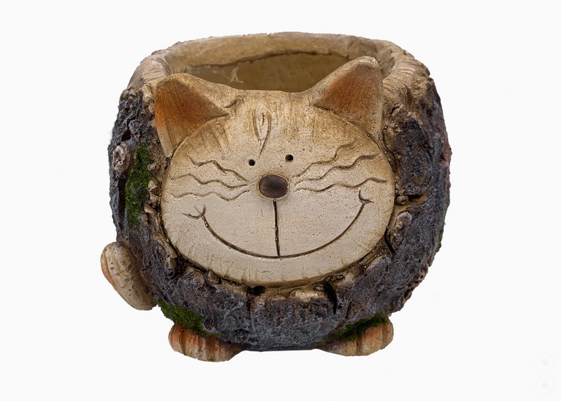 Wooden cat-shaped planter with a smiley face on a white background