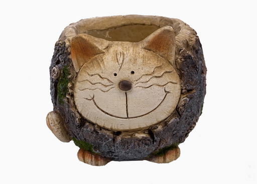Wooden cat-shaped planter with a smiley face on a white background