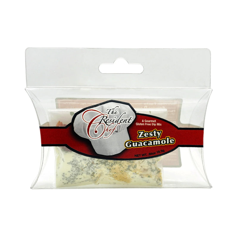 Packaged Zesty Guacamole mix with 'The Resident Chef' label on a white background