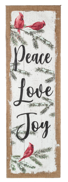 Peace, Love, Joy with Cardinal on Burlap Wall Decor