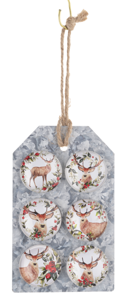 Decorative tag with reindeer designs on a gray background