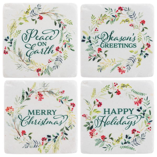 Wreath with Holiday Text Coasters