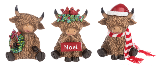Three Holiday Highland Cow figurines, each wearing different Christmas-themed decorations, from left to right: one with a Santa hat, one with a reindeer antler, and one with a Christmas tree.