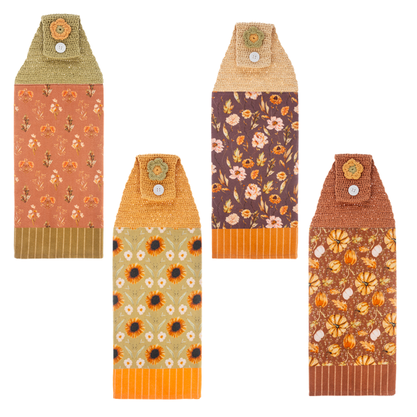 Set of four floral-patterned fabric bags with button closures on a white background