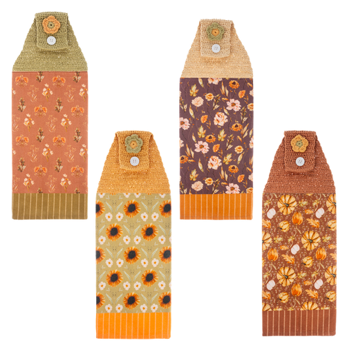 Set of four floral-patterned fabric bags with button closures on a white background