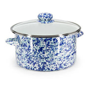 A blue and white speckled enamel stockpot with a matching lid and glass cover, set against a plain white background.