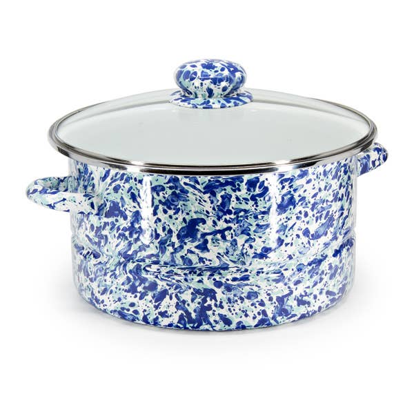 A blue and white speckled enamel stockpot with a matching lid and glass cover, set against a plain white background.
