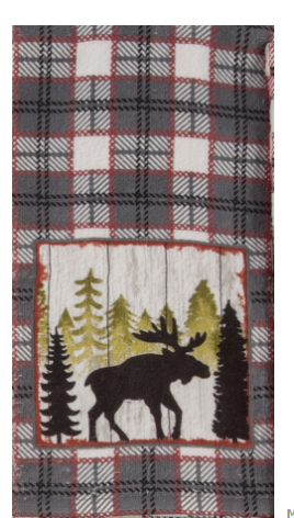 A brown and white checkered kitchen towel with a flat weave front featuring a moose and trees in the woods motif.