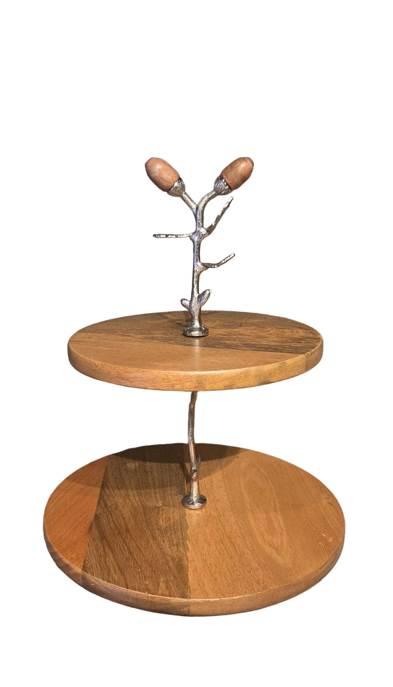 Two Tier Wood Trays with Silver Metal