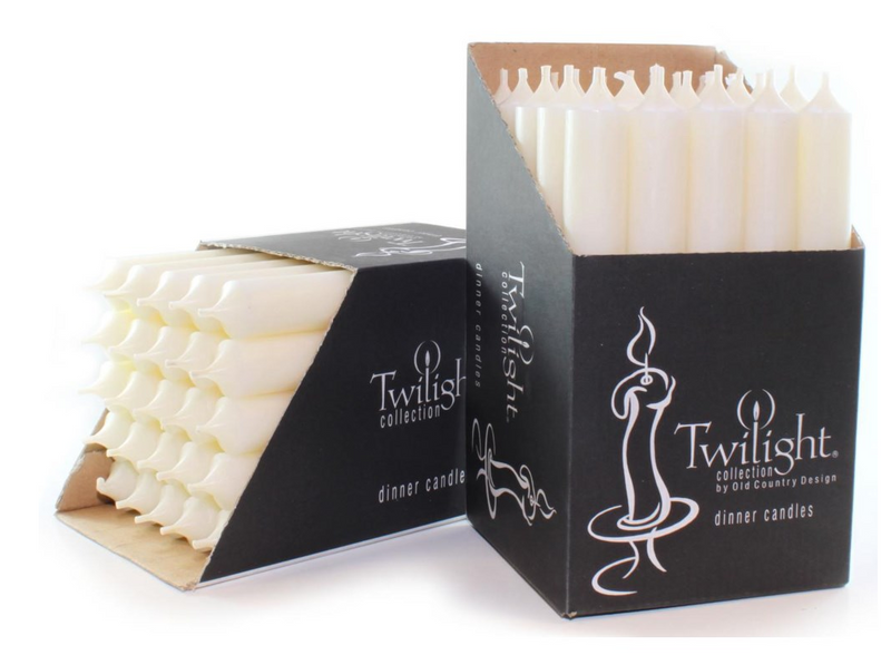 Two boxes of Twilight dinner candles on a white background