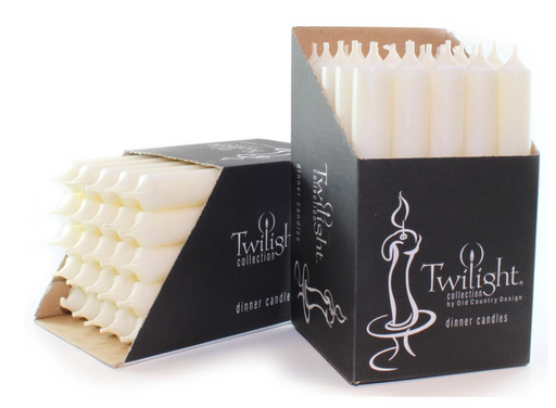 Two boxes of Twilight dinner candles on a white background