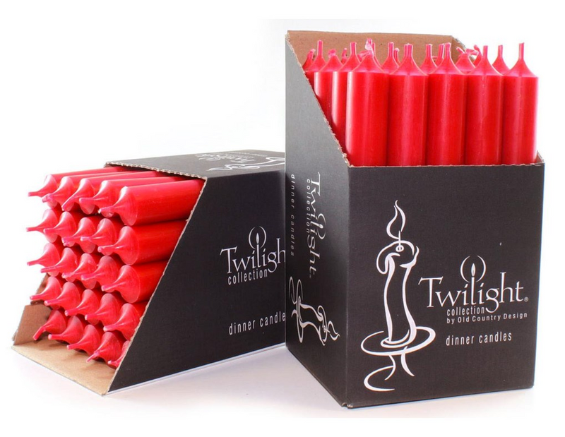 Red candles in black 'Twilight' packaging on a white background