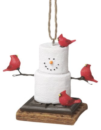 Decorative ornament with a snowman, red birds, and a wooden base on a white background