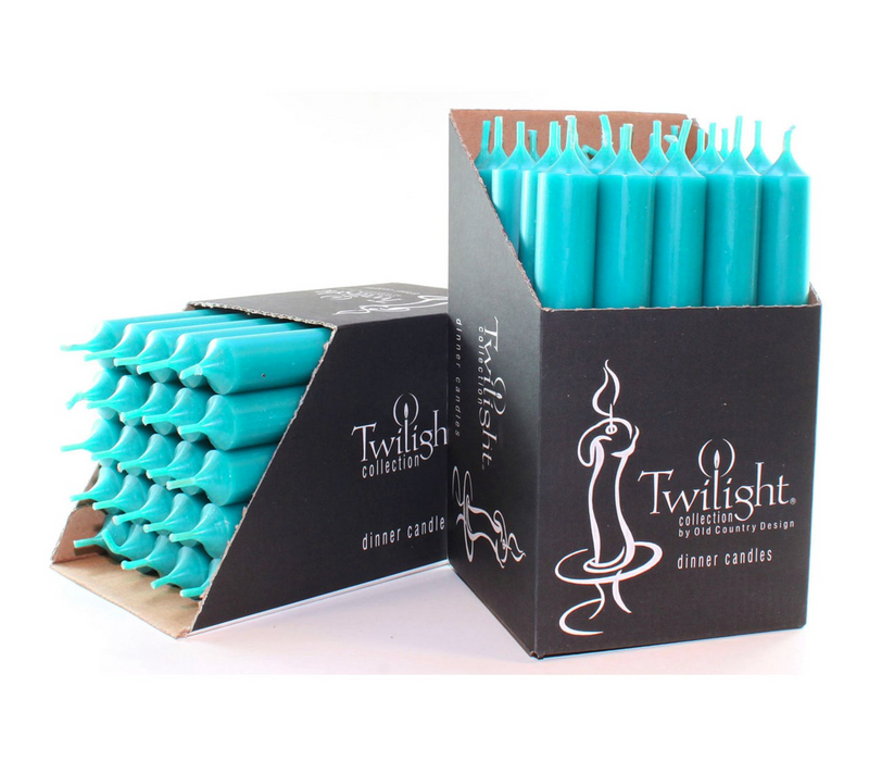 Turquoise candles in a Twilight collection box on a white background