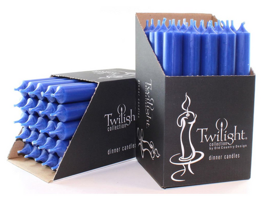 Blue candles in black boxes with 'Twilight' branding on a white background