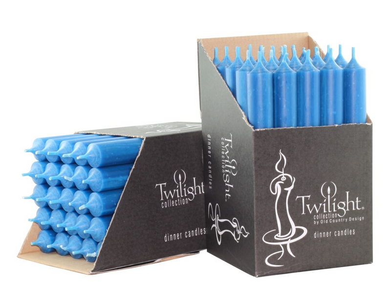 Blue candles in cardboard boxes with 'Twilight' branding on a white background