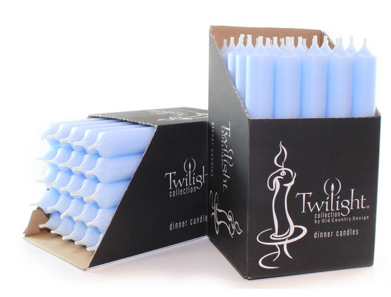 Packaging of Twilight collection dinner candles on a white background