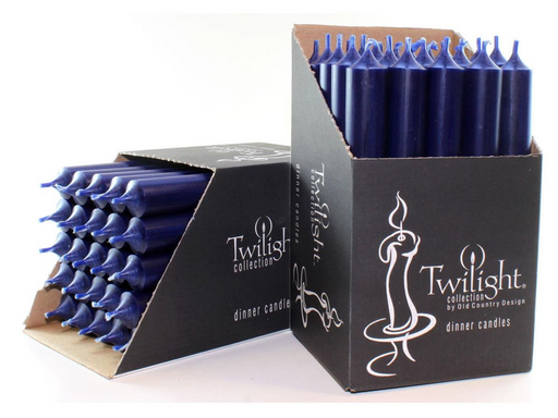 Blue candles in a 'Twilight' collection packaging on a white background