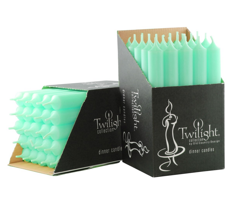 Packaging of teal candles with 'Twilight' branding on a white background