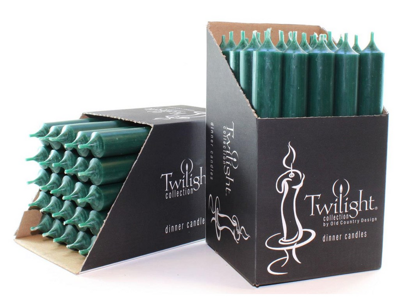 Green candles in cardboard packaging with 'Twilight' branding on a white background